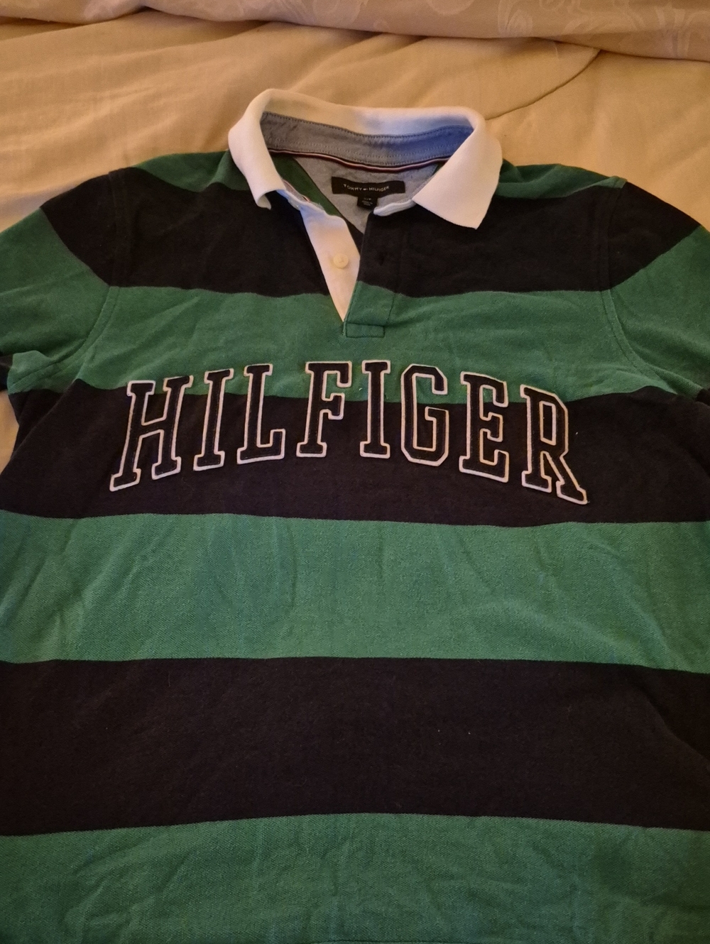 Tommy Hilfiger Green and Navy Striped Rugby Polo